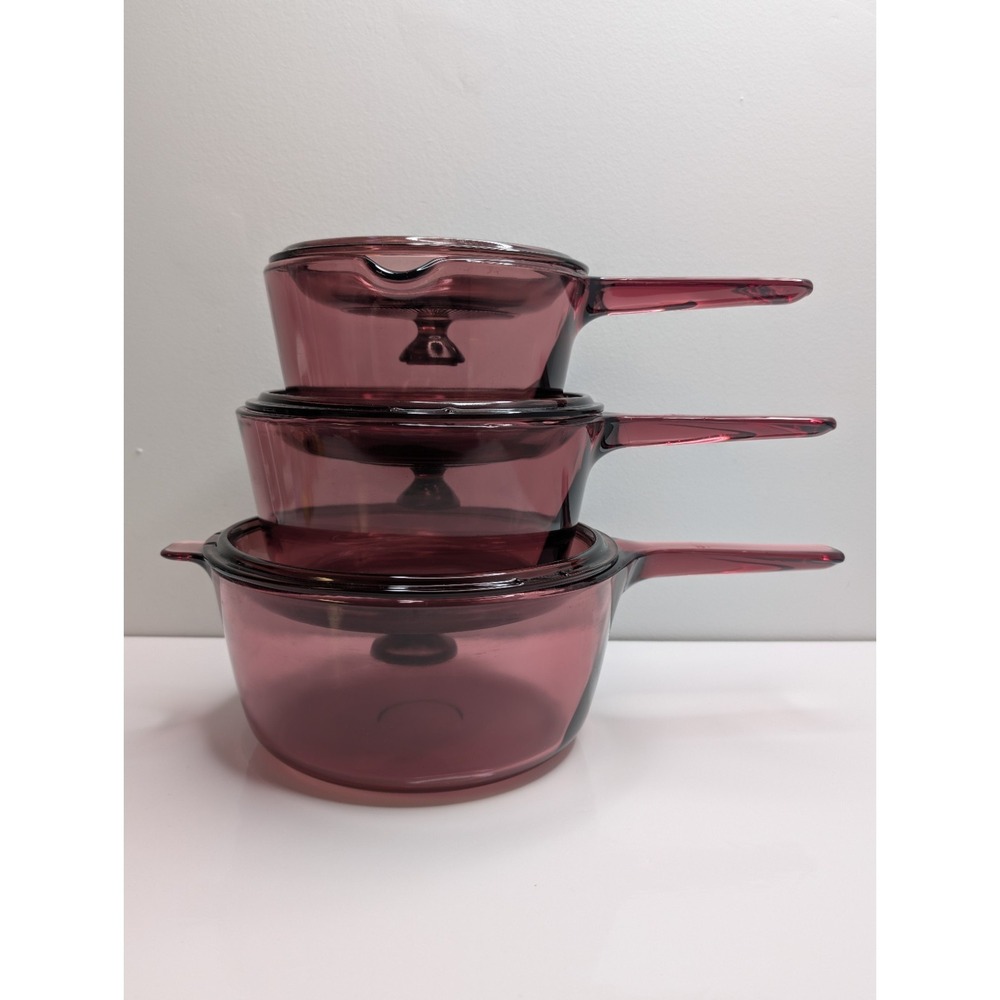 Visions by Corning Cranberry Purple Glass Cookware Set 3 Pots with Lids Vintage